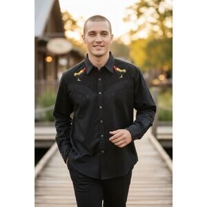 El Norteno Western Wear Snap Button Up Long Sleeve Embroidered Rooster Black Med